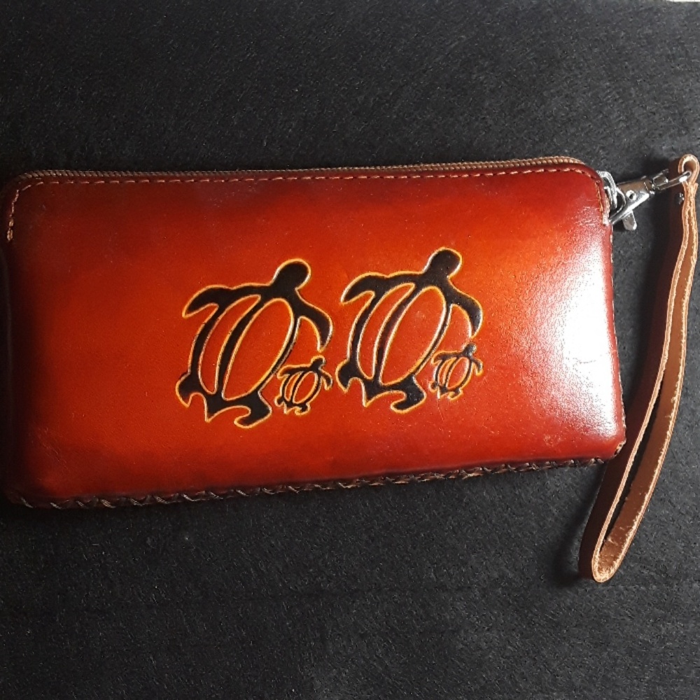 Leather purse wallet clutch with turtles hawaii